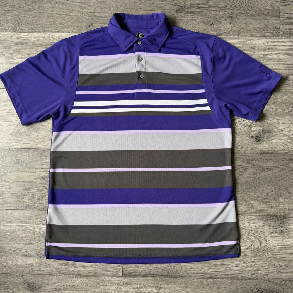 PGA Tour Pro Series Men's Purple & Gray Striped Golf Polo Shirt - Size Large